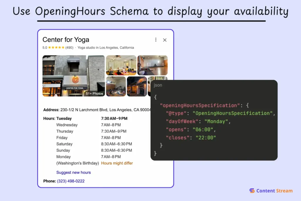 Use OpeningHours Schema to display your availability