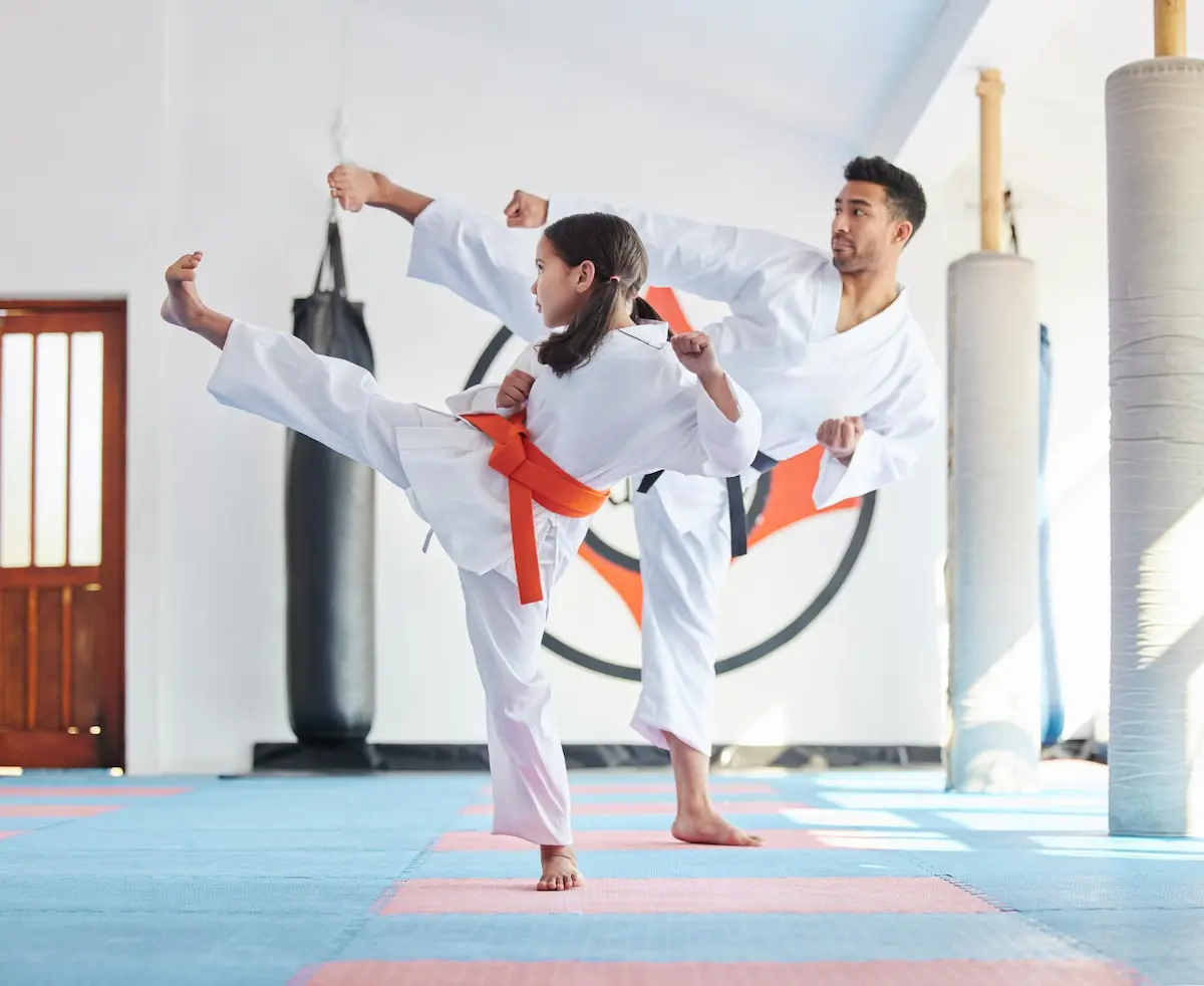 Martial arts studio with students training