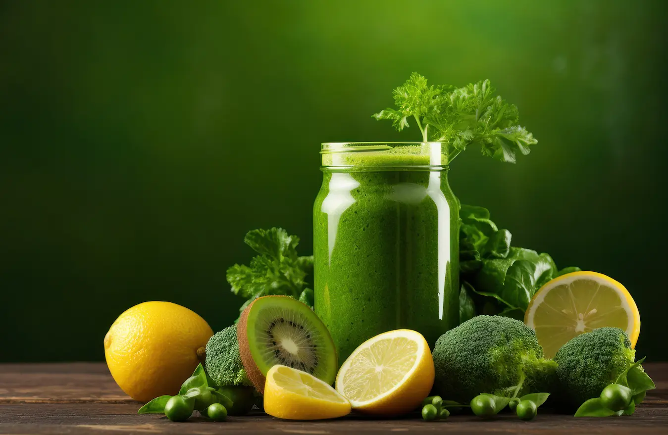 Healthy ingredients and green smoothie symbolizing healthy eating